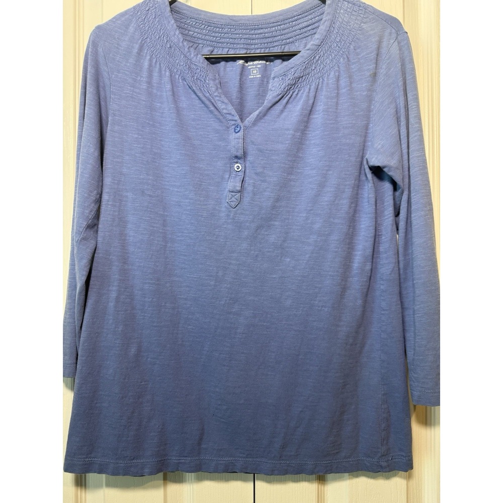 Eddie Bauer Women's Henley Top Size XS Blue Long Sleeve Smocked Neck Pullover